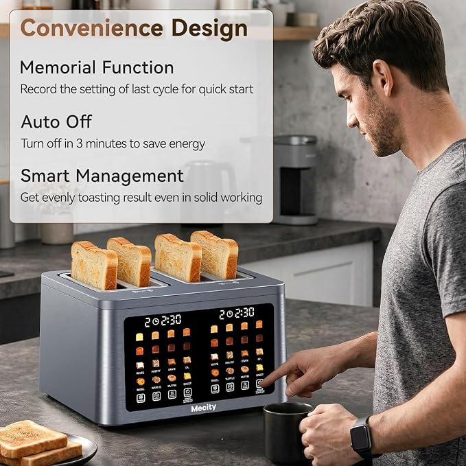 Mecity 4 Slice Toaster Wide Slot, Auto Lift Keep Warm Smart Toaster with Touch Screen, Dual Control Panel, Defrost, Auto Shut Off Digital Toasters for Bagel Muffin Waffle Gluten Free Breads1700W 120V