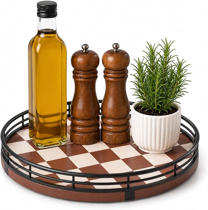 AMH 9-Inch Brown Checkerboard Lazy Susan Organizer with Black Metal Rail | Smooth rotating oak tray with walnut finish for dining tables, kitchen counters, pantries and cabinet storage.