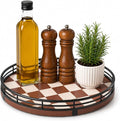 AMH 9-Inch Brown Checkerboard Lazy Susan Organizer with Black Metal Rail | Smooth rotating oak tray with walnut finish for dining tables, kitchen counters, pantries and cabinet storage.