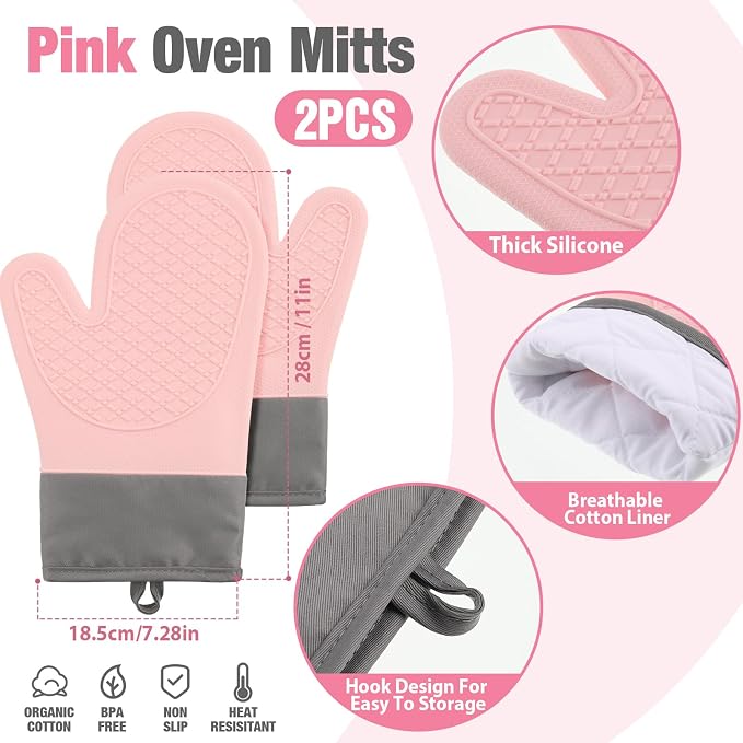 Pink Oven Mitts and Pot Holders 7 Sets, Pink, Rubber Cotton, Stripes | Heat Resistant Kitchen Gloves, Pads Pot Holders for Women, Chritsmas Gifts Kitchen Accessories Gift