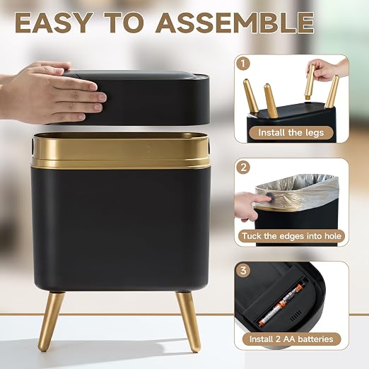 Black and Gold Sensor Trash Can Bathroom,Smart Plastic Wastebasket | Waterproof,Narrow,Motion Sensor, Convenient and Hygienic Easy to Use，2.6 gallon Small Garbage Can for Office,Bedroom,Kitchen