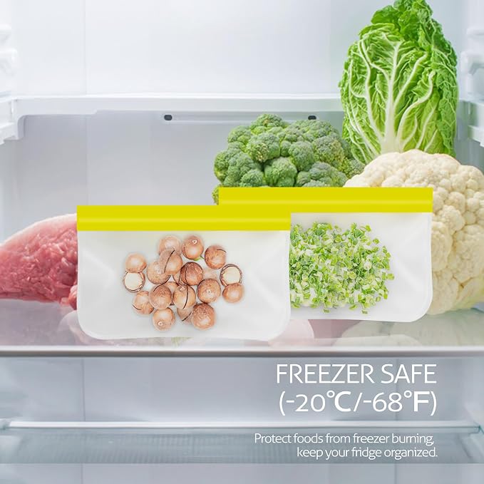 10 Pack Reusable Gallon Freezer Bags, Yellow | Dishwasher Safe Silicone Food Snack Storage Bags with 3 Sizes for Snack, Sandwich, Lunch