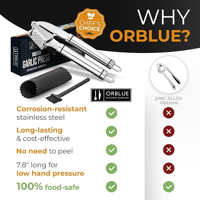 ORBLUE Garlic Press Stainless Steel - Premium Professional Grade Garlic Mincer, Crusher & Peeler Set - Easy Clean, Dishwasher Safe & Rust-proof