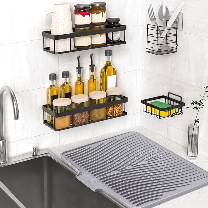 TIKNIK Silicone Dish Drying Mat for Kitchen Counter, Grey-2pcs, 20" x 15" | Heat Resistant & Non-Slip Dish Drain Pad with Built-In Drain, Dishwasher Safe, Quick-Dry, Hangable & Roll-Up for Storage
