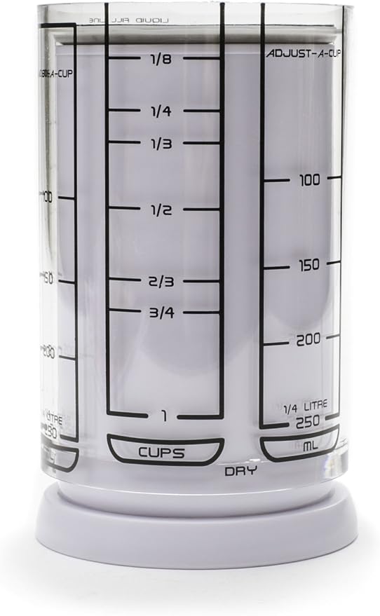 KitchenArt 1 Cup Adjust-A-Cup, Plastic, White | Plunger Measuring Cup | Measures Between 1/8 Cup to 1 Cup | Includes Conversions | Kitchen Gadget | Measures Solids & Liquids