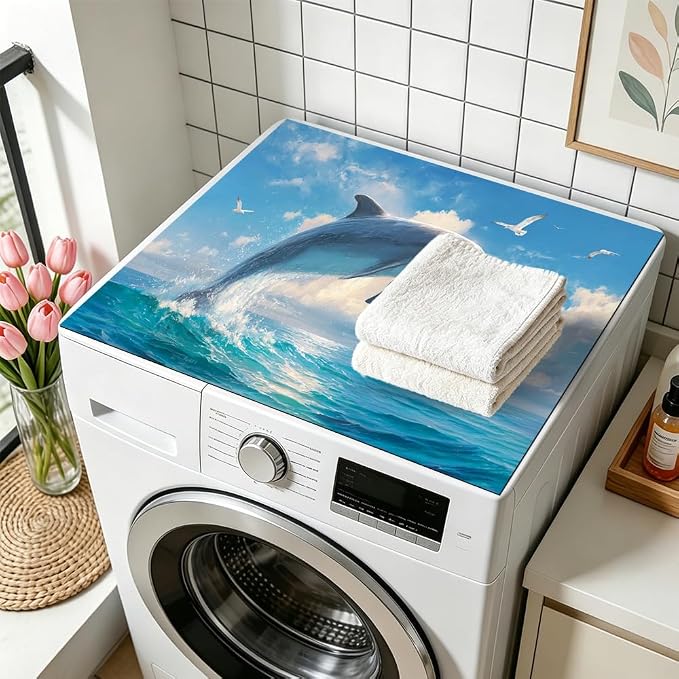 Jumping Dolphin Washer Dryer Top Cover Mat 28.35x20.47 in | Heat Resistant Cooktop Protector Mat with Non-Slip Backing, Scratch Protection and Countertop Drying Mat.