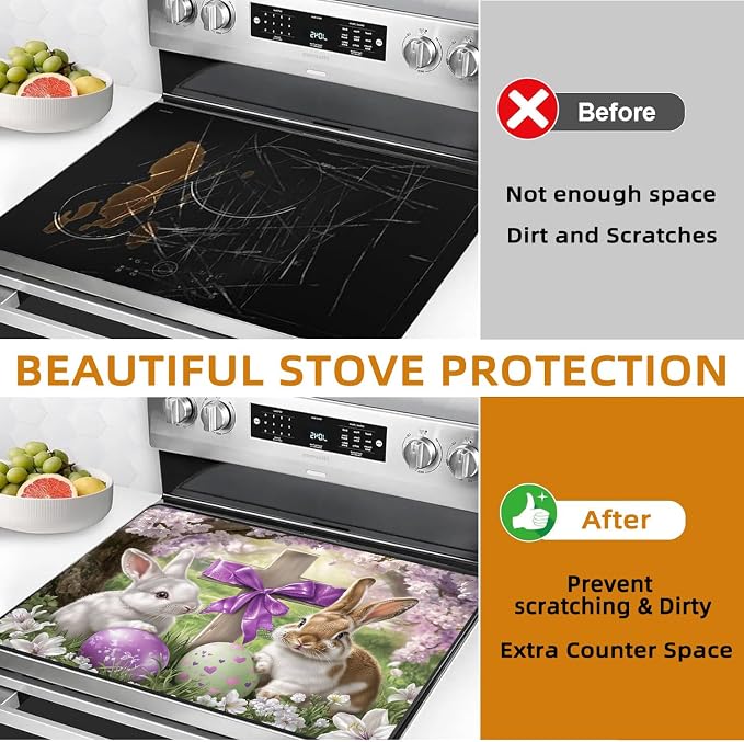 Easter Theme Glass Stove Top Cover Protector,Heat Resistant Range Ceramic Stove Top Covers Mat,Easter Eggs & Bunny Cooktop Protector,Cherry Blossoms Glass Cooktop Protector