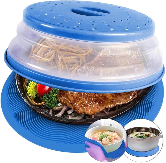2 in 1, Aidacom Microwave Splatter Cover for Food & Silicone Microwave Mat, Mat as Bowl Holder, Trivet, Pot Holders, Drying, Baking, Utensils Rest for Kitchen Counter, Dishwasher Safe, Blue