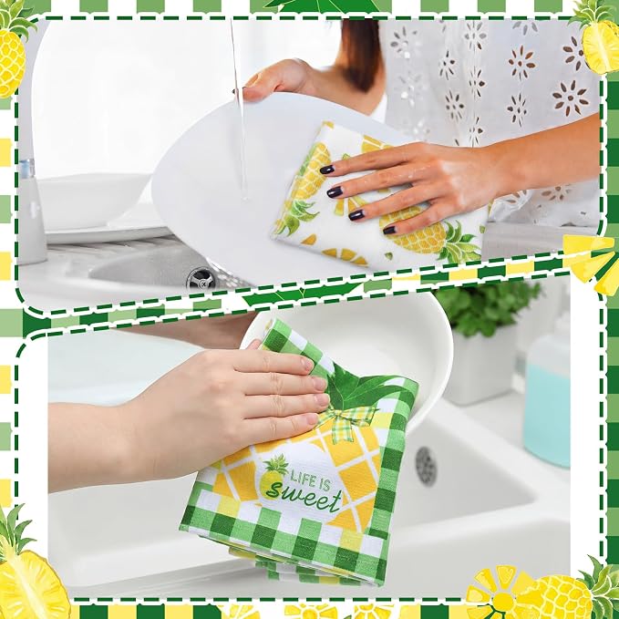 4 Pcs Pineapple Kitchen Towels, Green Grid Dish Towels Gift | Fast Drying Absorbent Dishcloths with Hanging Loop for Cleaning Cooking Baking, Farmhouse Kitchen Decor Housewarming Gift
