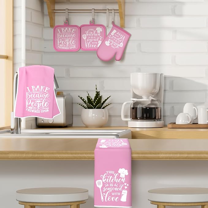 Sratte 6 Pcs Kitchen Decor Accessories Set, Kitchen, Light Pink | Farmhouse Kitchen Towels Pot Holders Oven Mitts Set 2 Dish Towels 2 Potholders 2 Cooking Mittens for Baking Cooking Supply