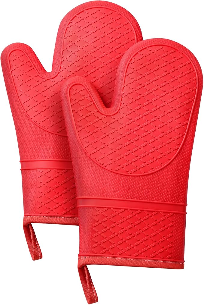 Heat Resistant Silicone Oven Mitts, Up to 500°F Protection for Baking & Grilling, 1 Pair (Red, Standard Thickness)