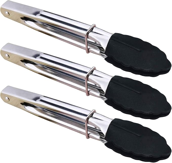 HINMAY Mini Tongs with Silicone Tips 7-Inch Kitchen Tongs, Set of 3 (Black)