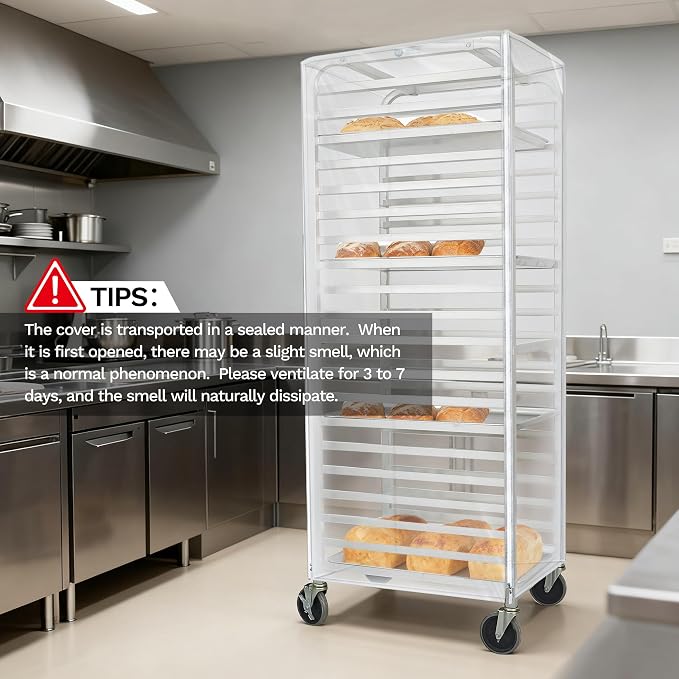 BIEAMA 20 Tier Full Size Bun Rack Cover, Commercial Bakers Racks Cover | Clear PVC Sheet Pan Rack Cover with 2 Sided Zippers, 27" L x 21" W x 64" H