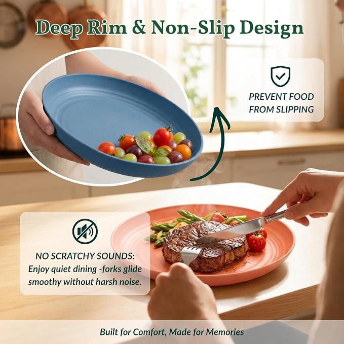 10 inch Wheat Straw Dinner Plates Set of 8 - Alternative to Plastic, Microwave & Dishwasher Safe, Unbreakable Kids Plates with 4 Colors (Classic Bright)