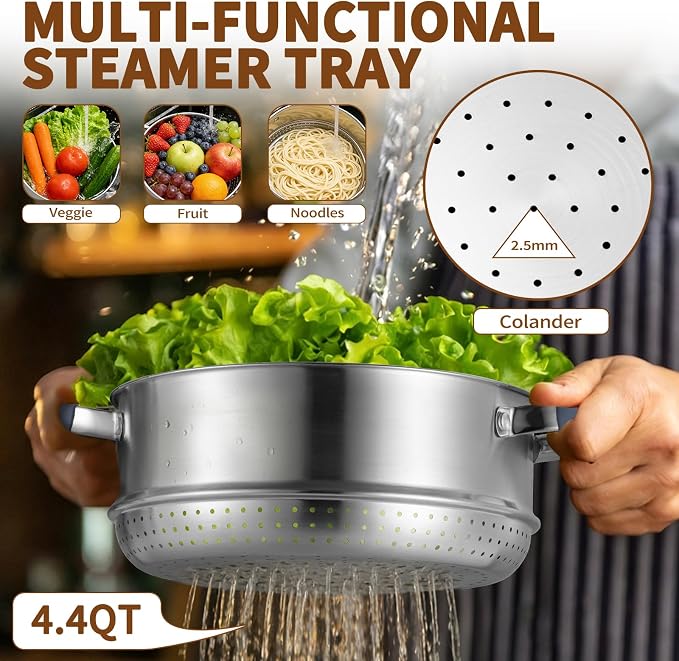 GOLDEN KEY 5.6 QT Steamer Pot with Lid,2-Tier Multipurpose 18/8 Steamer for Cooking with Vegetable Steam Basket for Vegetable,Soup, Seafood,Dumplings,Oven & Dishwasher Safe