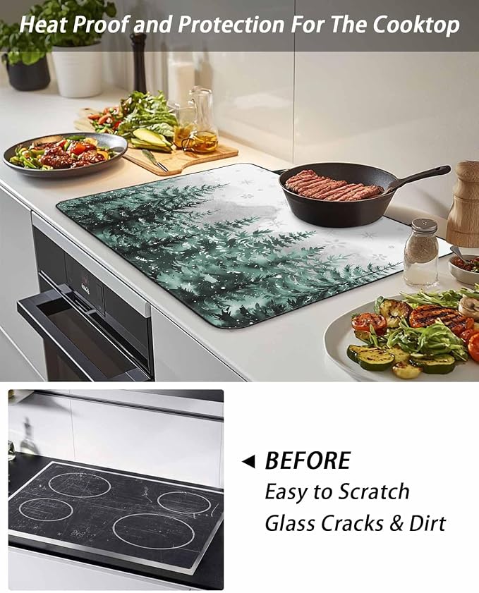 Stove Top Covers for Electric Stove 31x24 Inches, Forest Christmas Tree HeatResistant Glass Cooktop Protector, Green Xmas Snowflake Misty Winter Ceramic Stovetop Countertop Covers Mat, Oven Cover