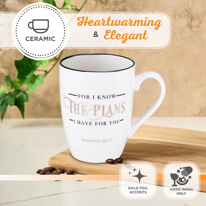 Christian Art Gifts Inspirational Ceramic Coffee & Tea Scripture Mug for Men, Women & Grads: Know The Plans Encouraging Bible Verse, Lead & Cadmium-free Non-Toxic Novelty Cup, White/Black/Gold, 12 oz.