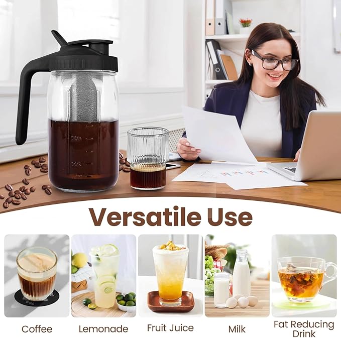 Cold Brew Coffee Maker, 32 oz Mason Jar Pitcher with Stainless Steel Filter, Pour Spout Handle Lid, Heavy Duty Glass Airtight & Leak-Proof for Iced Coffee,Tea & Lemonade