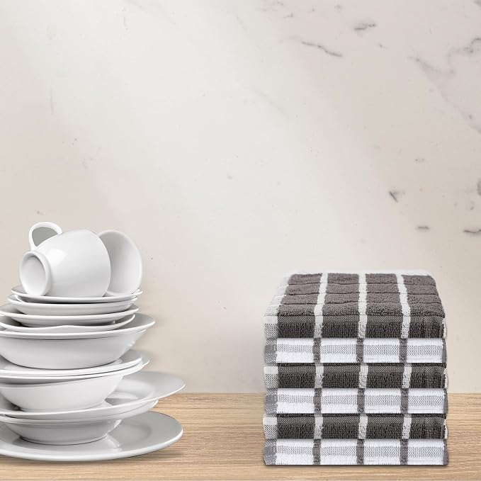 Urban Villa Kitchen Towels Cotton Dish Towels 12”x12” (Set of 6) Grey White