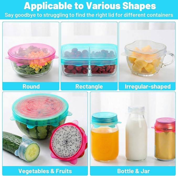 3PCS Silicone Stretch Lids for Food Storage, Reusable Elastic Silicone Lids for Bowls, Cups, Jars Cover, Microwave & Freezer Safe