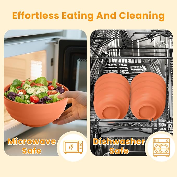 Large Bowl Set of 8, 60 oz Orange Wheat Straw Bowls, Unbreakable & Microwave Safe, Big Soup and Salad Bowls for Wedding, Party, Camping, Family Dining