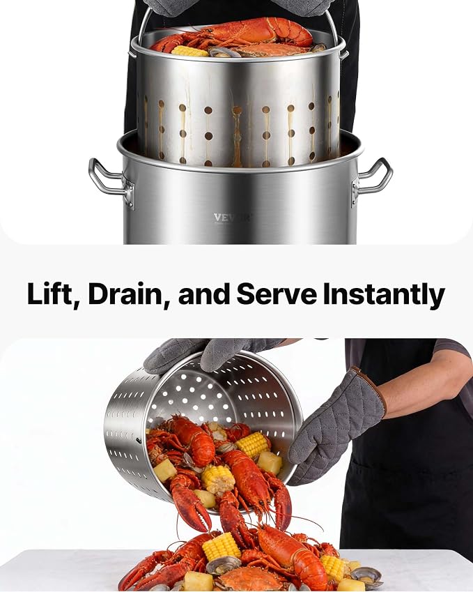 VEVOR Stainless Steel Stockpot, 42 Quart Large Cooking Pots, Cookware Sauce Pot with Strainer, Lid, and Handle, Heavy Duty Commercial Grade Stock Pot, Sanding Treatment, for Large Groups Events Silver