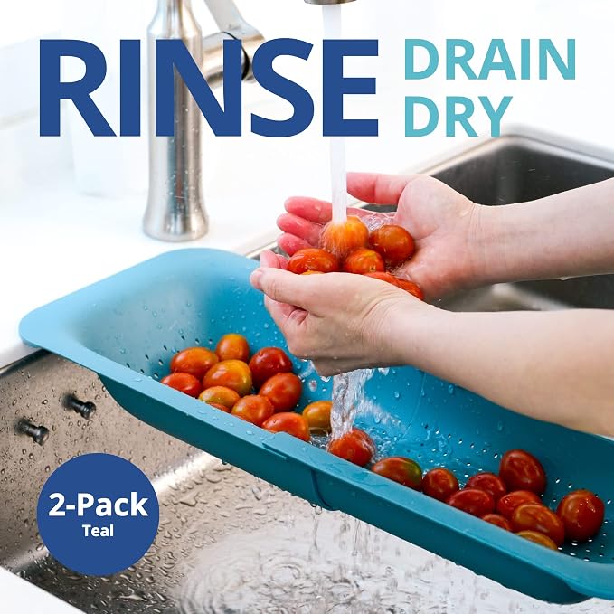 Blue Ginkgo Over Sink Colander, Extendable Kitchen Strainer, 2-Pack, Teal | Fits Most Sinks. Rinse, Drain and Dry with Ease.
