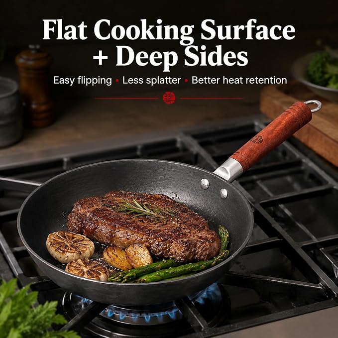 WANGYUANJI 10.2-Inch Cast Iron Skillet with Glass Lid, Uncoated Frying Pan with Flat Bottom for Induction, Gas & Electric Stovetops, Small Egg Pan for Breakfast, Steak & Sautéing