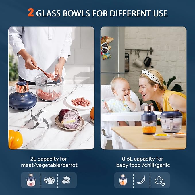 Bear Food Processor, Electric Food Chopper with 2 Glass Bowls (8 Cup+2.5 Cup), 400W Power Grinder with 2 Sets Stainless Steel Blades, 2 Speed for Meat, Vegetables, and Baby Food | Dishwasher safe, 2 sets stainless steel blades, Ideal for meat, vegetabl...