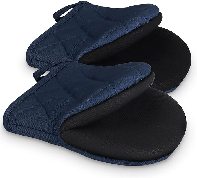 Goldmeet Mini Oven Mitts 2-Pack, 7"x5.5", 500°F Silicone Grip, Navy Blue | Non-Slip, Heat Resistant, Machine Washable, Hanging Loop, Fits Small Hands, for Baking Grilling BBQ Cooking