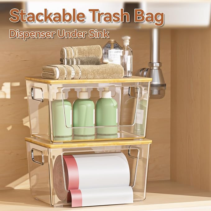 spospo 2 Pack Trash Bag Holder with Bamboo Lid Stackable Trashbag Dispenser | Extra Large Garbage Bag Holder for Kitchen Laundry Room Under Sink Organization and Storage