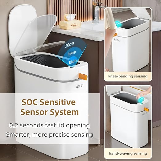 3.5 Gal Rechargeable Motion Sensor Bathroom Trash Can with Lid, Bag Suction | Water-resistant design, automatic liner suction and hands-free opening for bathrooms, bedrooms, kitchens and offices