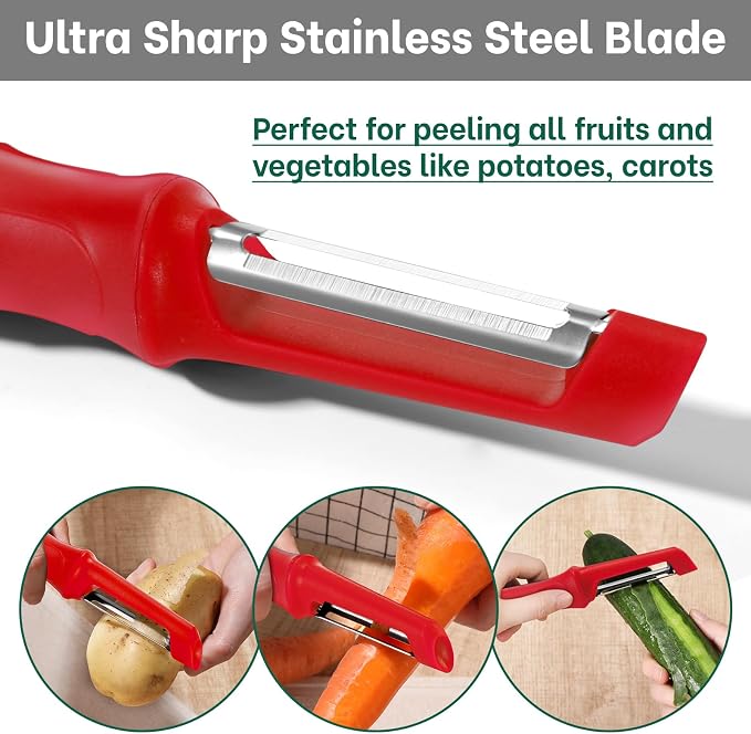 Beneno Swivel Vegetable Peeler, Smooth Peeling Potato Peeler (2, Red) | Razor-Sharp Stainless Steel Blade, Ergonomic Non-Slip Grip, Built-In Potato Eye Remover, Durable Design for Fruits & Veggies