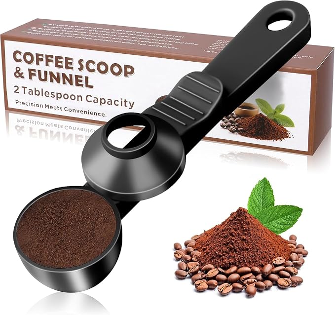 2-in-1 Coffee Scoop with Funnel, 2 Tbsp Measuring Spoon for Reusable K Cups, Ground Coffee, Protein Powder & Tea, Mess-Free Plastic Design（Black-1pack）