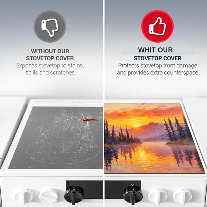 HOMETITUTE Spring Stove Top Covers for Electric Stove 28x20 Inches Sunset Lake Pine Forest Heat Resistant Glass Cooktop Protector Pad Decorative Stovetop Cover for Kitchen Coffee Bar Decor