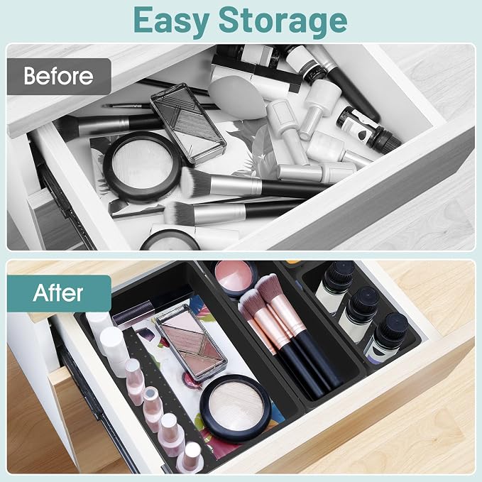 25 PCS Plastic Drawer Organizer Set, Makeup Organizers and Storage Bins | 4 Sizes Desk Drawer Divider Organizers and Storage Bins for Jewelry, Gadgets for Kitchen, Bedroom, Bathroom, Deep Black