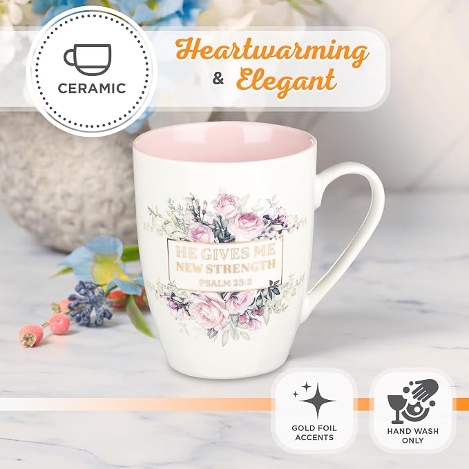 Christian Art Gifts Encouraging Golden Scripture Ceramic Coffee & Tea Mug for Women: He Gives Me New Strength Inspirational Psalm Bible Verse, Cadmium/Lead-free Novelty Cup, White/Pink Floral, 12 oz.