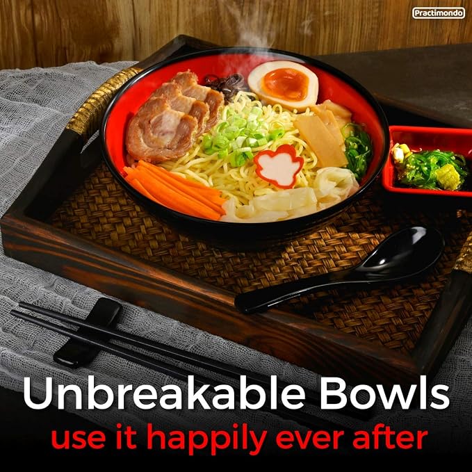Unbreakable Ramen Bowl Set with Chopsticks and Spoon: 1 large Japanese Style Melamine Ramen Bowl, Dipping Bowl and Chopsticks and Stand for Asian Pho Soup Thai Miso Udon Wonton (1 Bowl Set, Red-Black)