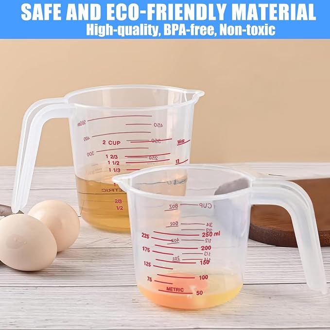 DTDNZKN 2 Pack Measuring Cup Set, 250ml (1-Cup) and 500ml (2-Cup) | Plastic Liquid Measuring Cups- Baking, Cooking, Mixing & Measuring Cups, Essential Kitchen Tools