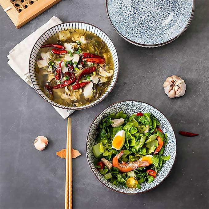 Houlu 60 oz Pho Bowls, Large Soup Bowl, Japanese Ramen Bowl Set, 8 inches Big Porcelain Bowls Set of 3, Mixing Pattern