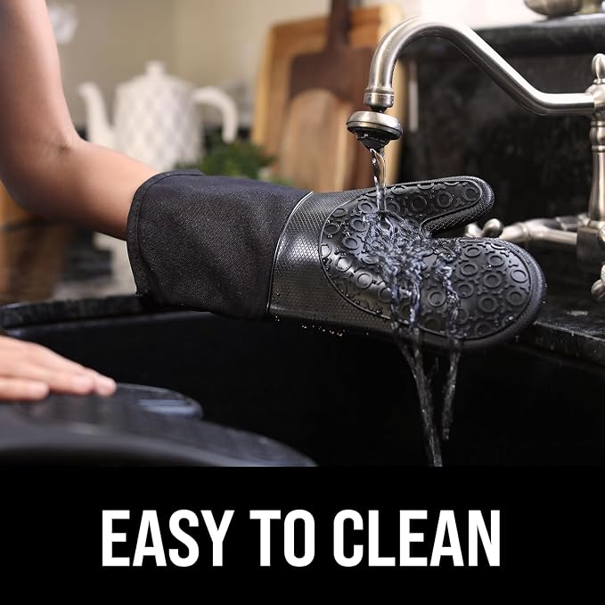 BPA-Free Silicone Oven Mitts Ultra Heat Resistant up to 500°F - Oven Mitts with Thick Cotton Liner - Long Slip Resistant Pot Holders, Flexible Oven Gloves - Black 13.7"