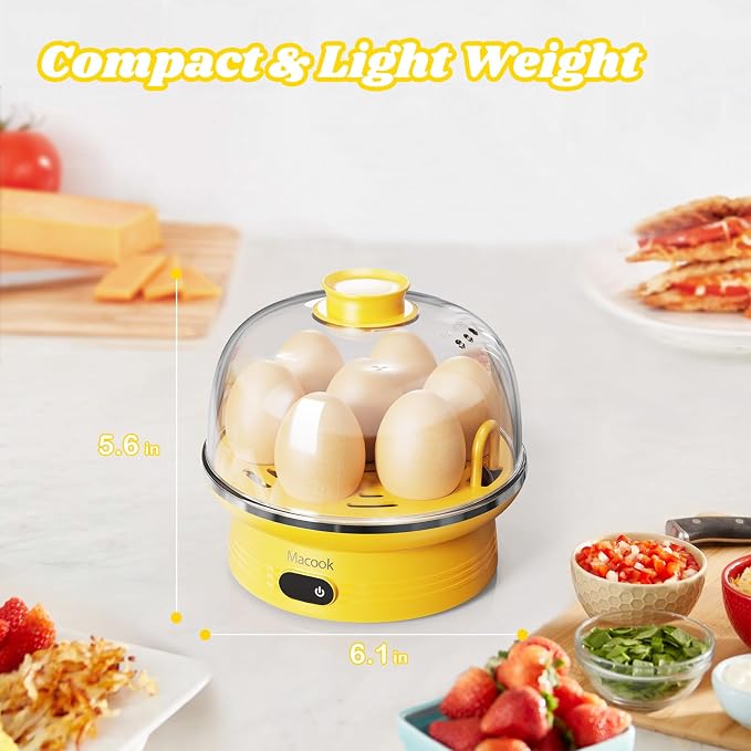 Macook Easter Rapid Egg Cooker with Touchscreen – 7-Egg Capacity, Soft/Medium/Hard-Boiled, Auto Shut-Off, BPA-Free & Dishwasher-Safe Parts, Measuring Cup Included (Yellow)