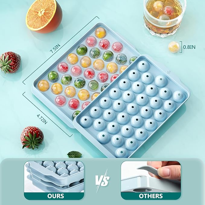 Optish 99 PCS Ice Cube Tray with Lid and Bin, 0.8 Inch Small Round Ice Mold | Blue, Ice Ball Maker, Dishwasher safe, Stackable, for cocktail, Whiskey, Coffee, RV, Ice Pops Out Easily,Straw & Bottle Fit