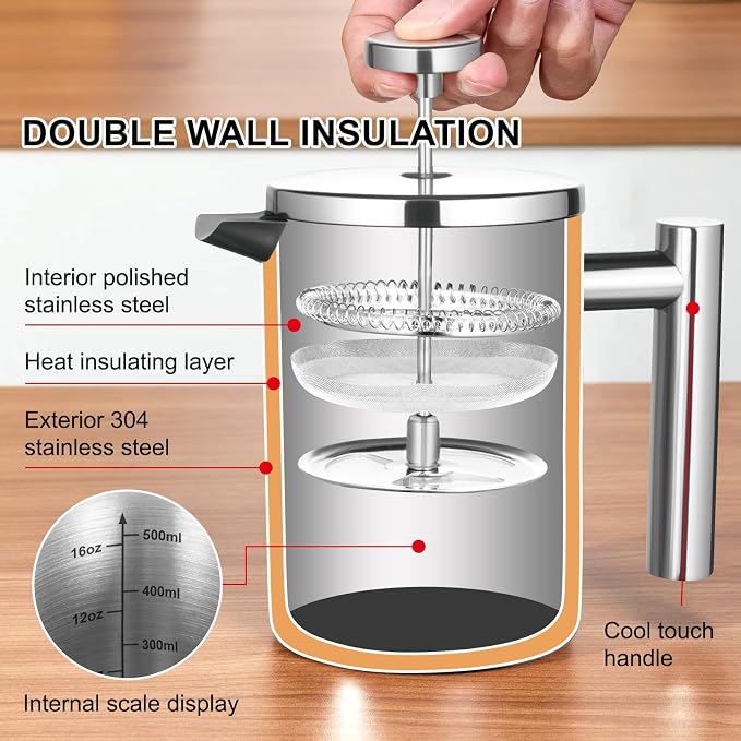 French Press Coffee Maker with Scale, 304 Stainless Steel French Press,17OZ | Double-Wall Insulated , Food Grade, Suitable for Kitchen and Travel Camping