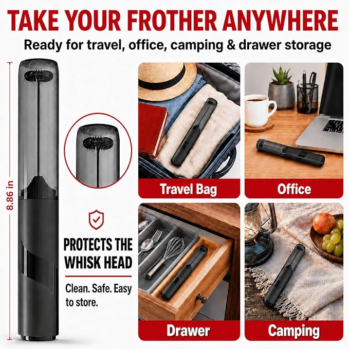 Portable Milk Frother Handheld - Travel Coffee Frother Handheld | Coffee Mixer Wand - Coffee Stirrers Electric - Electric Whisk Frother For Protein Powder - Battery Operated Drink Mixer Wand