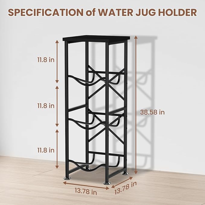 5 Gallon Water Jug Holder, 3-Tier Water Bottle Holder with Wood Top Shelf, Heavy Duty Water Cooler Jug Rack, Storage Stand for Office and Living Room, Black
