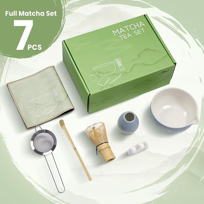Matcha Whisk Set – Ceramic Matcha Bowl with Pour Spout, Bamboo Whisk, Whisk Holder, Scoop, Sifter – Japanese Matcha Kit for Beginners (Gradient Blue)