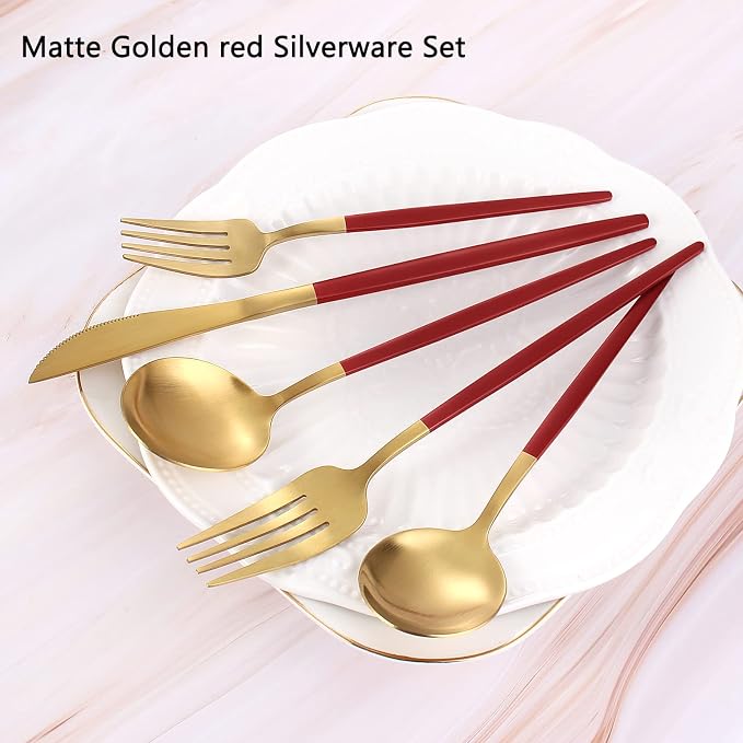 VANVRO Matte Red Gold Silverware Set, 20-Piece Stainless Steel Flatware Set, Satin Finish tableware Cutlery Set, Service for 4, Home and Restaurant, Dishwasher Safe