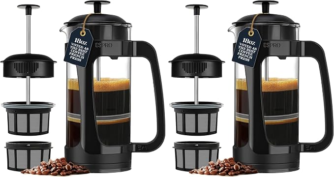ESPRO Light P3 French Press Coffee Maker – Patented Double Micro-Filter for Grit-Free Brew, Heat Resistant thicker Borosilicate Glass Coffee press – (Black 18 oz) (Pack of 2)