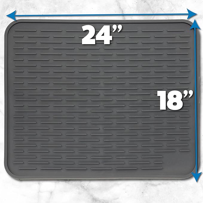 XXL Silicone Dish Drying Mat for Kitchen Counter or Under Sink, 24" x 18" Extra Large, Waterproof Pet Feeding Mat, Water Bowls, Under Drying Racks for Dishes, Coffee Bars, Bar Mats (Slate Grey)